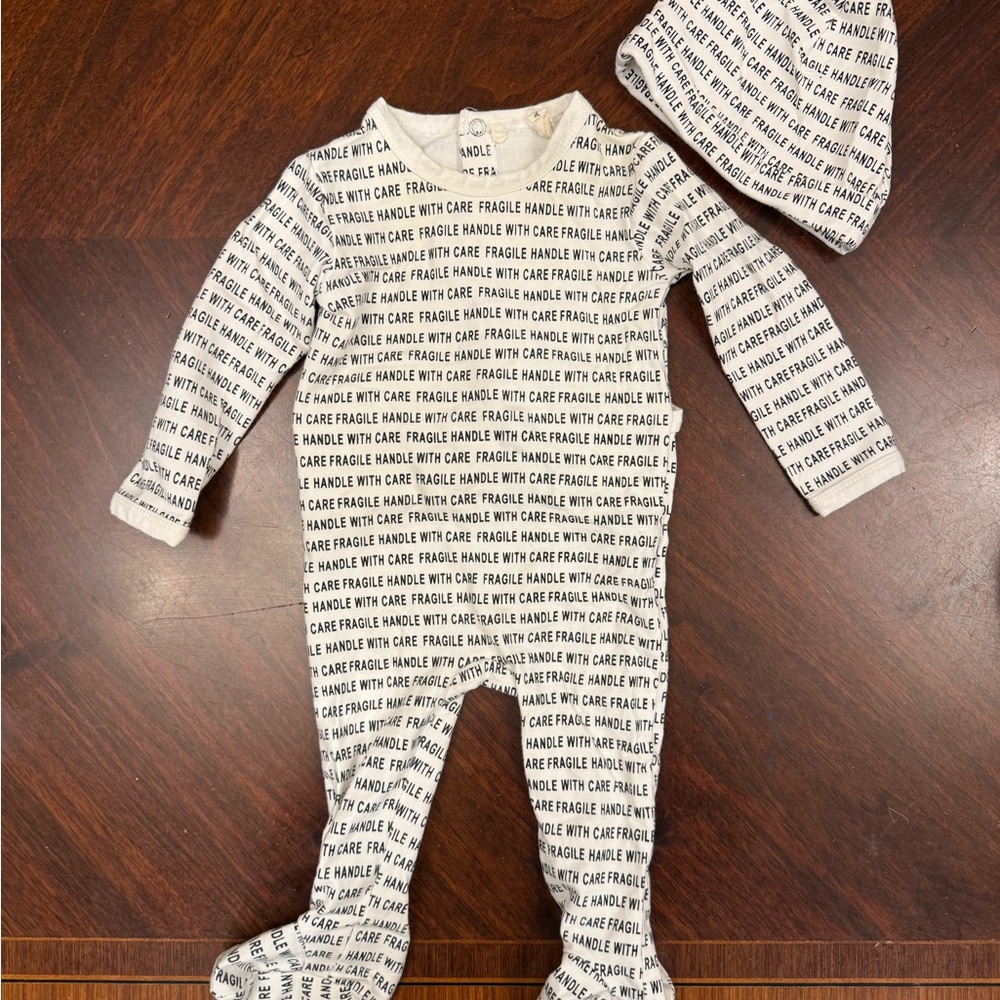 Unbranded White Footed One-Piece with Black Text Print and Matching Hat